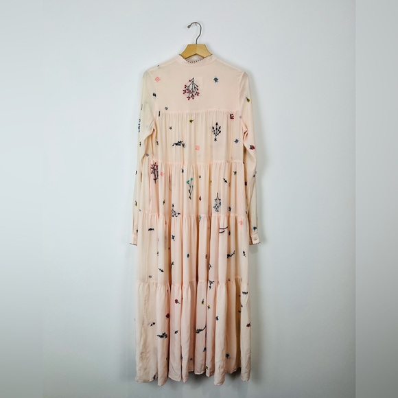 An An Londree Peach Pink Floral Embroidered Tiered 100% Silk Maxi Dress UK S - Picture 11 of 15